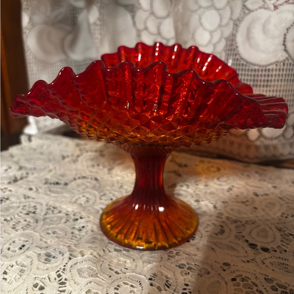 Red and Orange Glass Pedestal Bowl carnival glass gorgeous !!